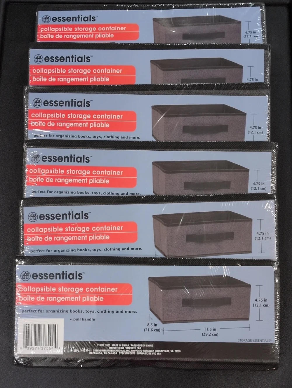 Set Of Six(6) Essentials Collapsible Storage Container  Gray 8.5